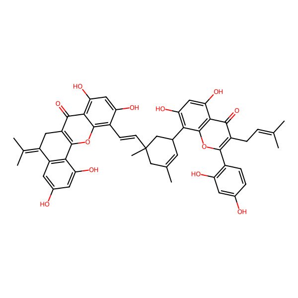 2D Structure of 11-[(E)-2-[(1S,5R)-5-[2-(2,4-dihydroxyphenyl)-5,7-dihydroxy-3-(3-methylbut-2-enyl)-4-oxochromen-8-yl]-1,3-dimethylcyclohex-3-en-1-yl]ethenyl]-1,3,8,10-tetrahydroxy-5-propan-2-ylidene-6H-benzo[c]xanthen-7-one