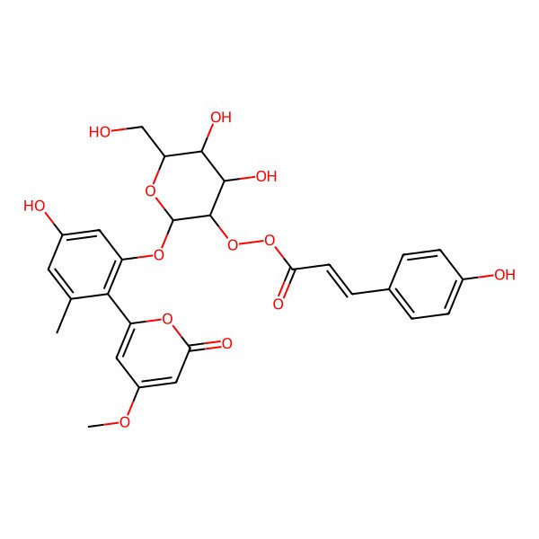 2D Structure of [(2S,3R,4S,5S,6R)-4,5-dihydroxy-2-[5-hydroxy-2-(4-methoxy-6-oxopyran-2-yl)-3-methylphenoxy]-6-(hydroxymethyl)oxan-3-yl] (E)-3-(4-hydroxyphenyl)prop-2-eneperoxoate