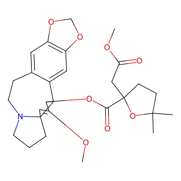2D Structure of [(2S,3S,6R)-4-methoxy-16,18-dioxa-10-azapentacyclo[11.7.0.02,6.06,10.015,19]icosa-1(20),4,13,15(19)-tetraen-3-yl] 2-(2-methoxy-2-oxoethyl)-5,5-dimethyloxolane-2-carboxylate