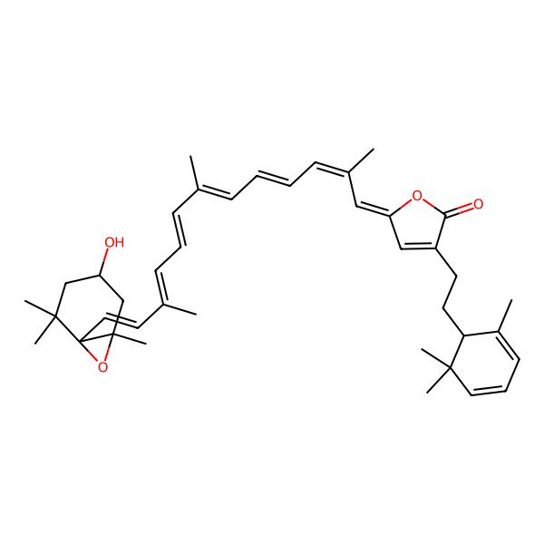 2D Structure of (5Z)-5-[(2E,4E,6E,8E,10E,12E)-13-[(1S,4S,6R)-4-hydroxy-2,2,6-trimethyl-7-oxabicyclo[4.1.0]heptan-1-yl]-2,7,11-trimethyltrideca-2,4,6,8,10,12-hexaenylidene]-3-[2-[(1S)-2,6,6-trimethylcyclohexa-2,4-dien-1-yl]ethyl]furan-2-one