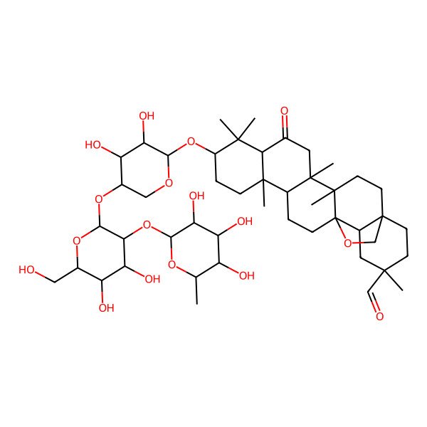 2D Structure of (1R,4S,5R,8R,10S,13R,14R,17S,18R,20S)-10-[(2R,3S,4S,5R)-5-[(2S,3R,4S,5S,6R)-4,5-dihydroxy-6-(hydroxymethyl)-3-[(2S,3R,4R,5R,6S)-3,4,5-trihydroxy-6-methyloxan-2-yl]oxyoxan-2-yl]oxy-3,4-dihydroxyoxan-2-yl]oxy-4,5,9,9,13,20-hexamethyl-7-oxo-24-oxahexacyclo[15.5.2.01,18.04,17.05,14.08,13]tetracosane-20-carbaldehyde