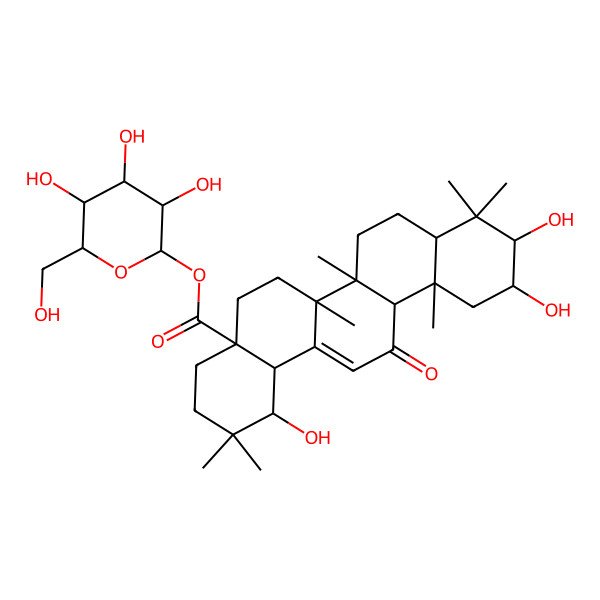 2D Structure of [(2S,3R,4S,5S,6R)-3,4,5-trihydroxy-6-(hydroxymethyl)oxan-2-yl] (1S,4aR,6aR,6aS,6bR,8aR,10R,11R,12aS,14bS)-1,10,11-trihydroxy-2,2,6a,6b,9,9,12a-heptamethyl-13-oxo-3,4,5,6,6a,7,8,8a,10,11,12,14b-dodecahydro-1H-picene-4a-carboxylate