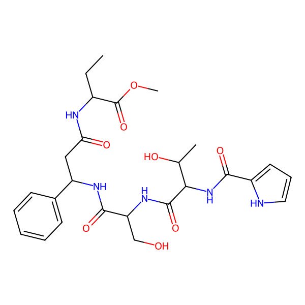 2D Structure of methyl (2S)-2-[[3-[[(2S)-3-hydroxy-2-[[(2S,3S)-3-hydroxy-2-(1H-pyrrole-2-carbonylamino)butanoyl]amino]propanoyl]amino]-3-phenylpropanoyl]amino]butanoate