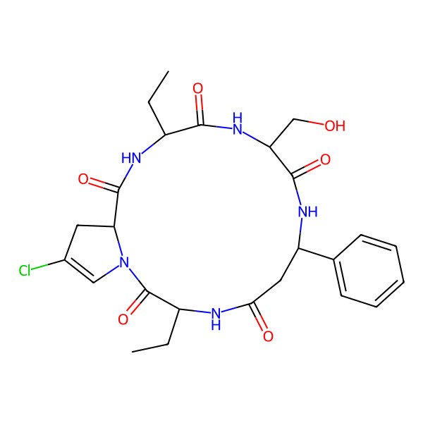 2D Structure of (3S,7R,10S,13S,16S)-18-chloro-3,13-diethyl-10-(hydroxymethyl)-7-phenyl-1,4,8,11,14-pentazabicyclo[14.3.0]nonadec-18-ene-2,5,9,12,15-pentone