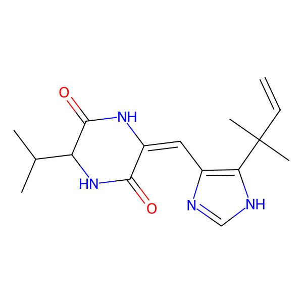 2D Structure of (3Z,6S)-3-[[5-(2-methylbut-3-en-2-yl)-1H-imidazol-4-yl]methylidene]-6-propan-2-ylpiperazine-2,5-dione