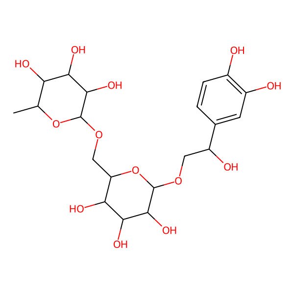 2D Structure of b-D-Glucopyranoside,2-(3,4-dihydroxyphenyl)-2-hydroxyethyl 6-O-(6-deoxy-a-L-mannopyranosyl)-
