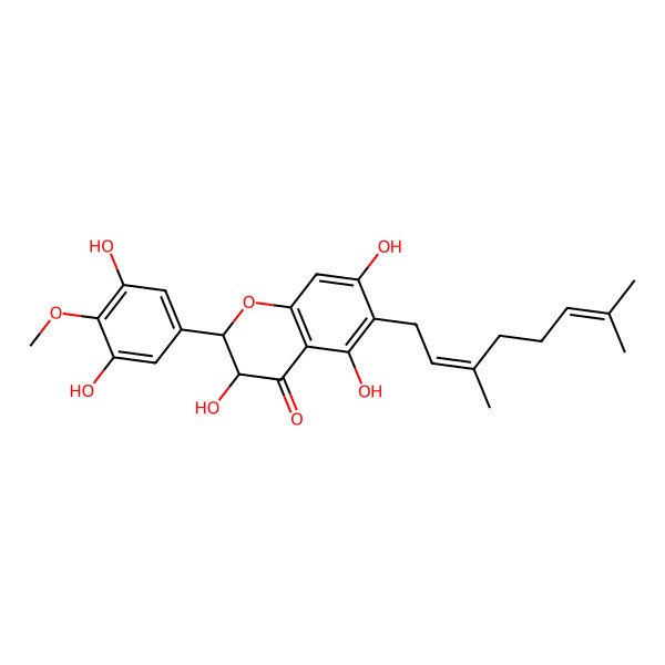 2D Structure of (3R)-2-(3,5-dihydroxy-4-methoxyphenyl)-6-[(2E)-3,7-dimethylocta-2,6-dienyl]-3,5,7-trihydroxy-2,3-dihydrochromen-4-one