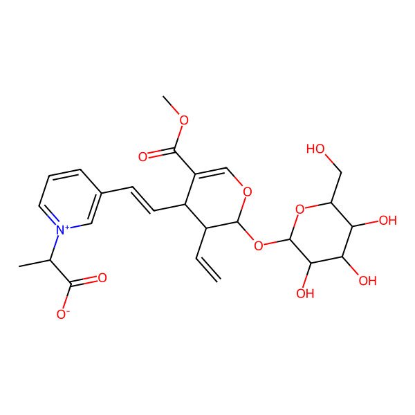 2D Structure of (2S)-2-[3-[(E)-2-[(2S,3R,4S)-3-ethenyl-5-methoxycarbonyl-2-[(2S,3R,4S,5S,6R)-3,4,5-trihydroxy-6-(hydroxymethyl)oxan-2-yl]oxy-3,4-dihydro-2H-pyran-4-yl]ethenyl]pyridin-1-ium-1-yl]propanoate