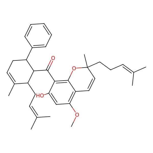 2D Structure of [(2R)-7-hydroxy-5-methoxy-2-methyl-2-(4-methylpent-3-enyl)chromen-8-yl]-[(1R,2S,6R)-3-methyl-2-(3-methylbut-2-enyl)-6-phenylcyclohex-3-en-1-yl]methanone
