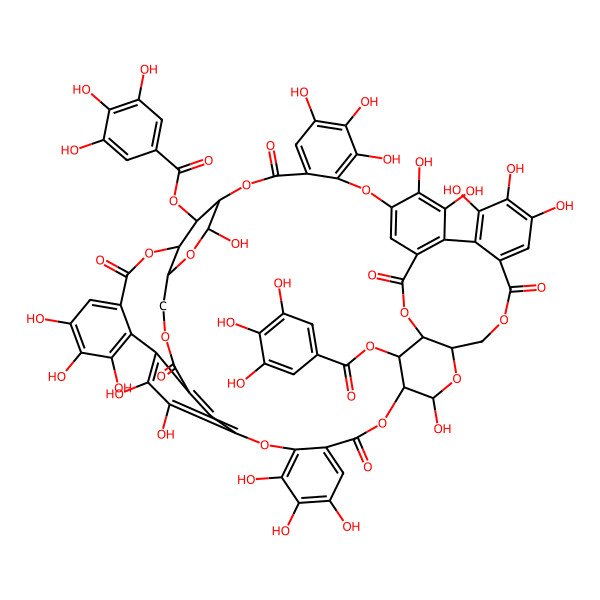 2D Structure of [(11R,12S,14R,15R,37R,38R,40R,57R,58S,64S)-4,5,6,12,20,21,22,25,26,30,31,32,38,46,47,48,51,52-octadecahydroxy-9,17,35,43,55,61-hexaoxo-64-(3,4,5-trihydroxybenzoyl)oxy-2,10,13,16,28,36,39,42,56,62-decaoxaundecacyclo[35.15.6.514,27.111,15.03,8.018,23.029,34.040,57.044,49.050,54.024,60]tetrahexaconta-1(52),3,5,7,18,20,22,24,26,29,31,33,44,46,48,50,53,59-octadecaen-58-yl] 3,4,5-trihydroxybenzoate