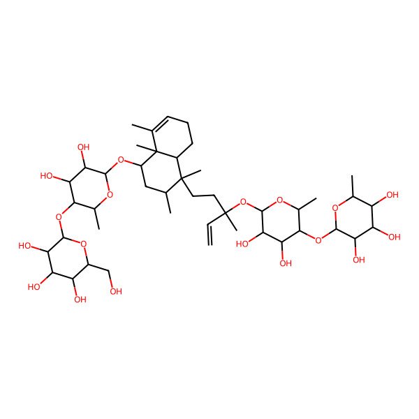 2D Structure of (5alpha,8alpha,9S,10beta,13S)-6alpha-[(4-O-beta-D-Glucopyranosyl-alpha-L-rhamnopyranosyl)oxy]-13-[(4-O-alpha-L-rhamnopyranosyl-beta-D-fucopyranosyl)oxy]cleroda-3,14-diene