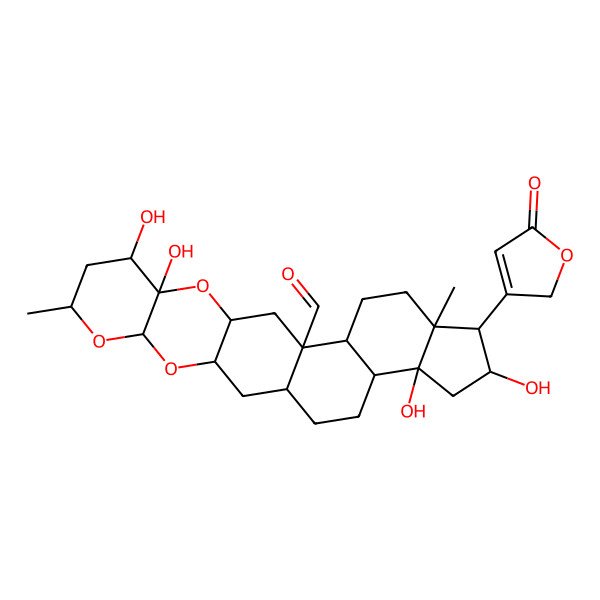 2D Structure of (1S,3R,5S,7R,9S,10S,12R,14R,15S,18R,19R,20R,22S,23R)-9,10,20,22-tetrahydroxy-7,18-dimethyl-19-(5-oxo-2H-furan-3-yl)-4,6,11-trioxahexacyclo[12.11.0.03,12.05,10.015,23.018,22]pentacosane-14-carbaldehyde