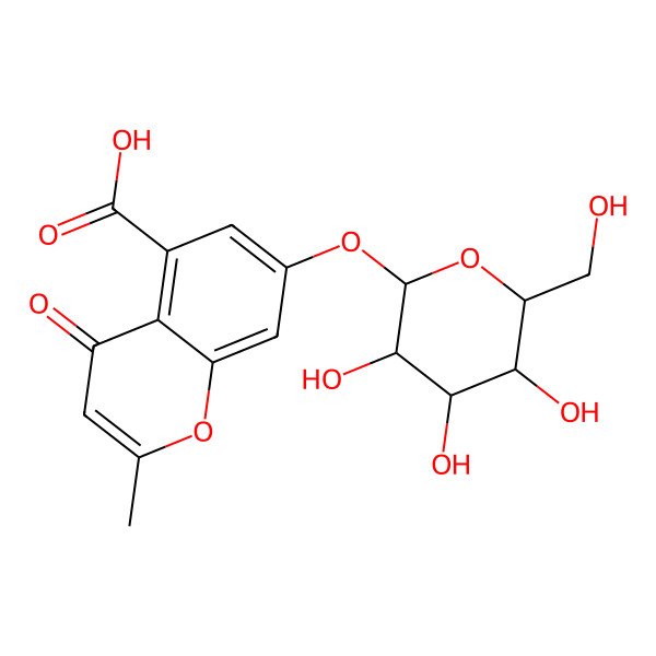 2D Structure of 2-methyl-4-oxo-7-[(2S,3R,4S,5S,6R)-3,4,5-trihydroxy-6-(hydroxymethyl)oxan-2-yl]oxychromene-5-carboxylic acid