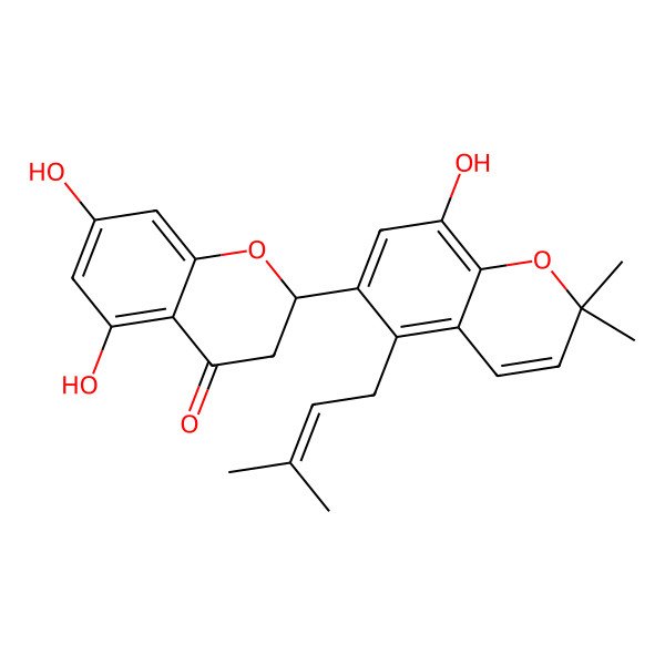 2D Structure of (2S)-5,7-dihydroxy-2-[8-hydroxy-2,2-dimethyl-5-(3-methylbut-2-enyl)chromen-6-yl]-2,3-dihydrochromen-4-one