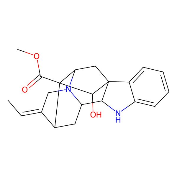 2D Structure of methyl (1R,9S,10S,12S,13E,16S,17R,18S)-13-ethylidene-18-hydroxy-8,15-diazahexacyclo[14.2.1.01,9.02,7.010,15.012,17]nonadeca-2,4,6-triene-17-carboxylate