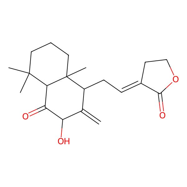 2D Structure of (3E)-3-[2-[(1R,3R,4aS,8aR)-3-hydroxy-5,5,8a-trimethyl-2-methylidene-4-oxo-4a,6,7,8-tetrahydro-1H-naphthalen-1-yl]ethylidene]oxolan-2-one