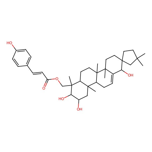 2D Structure of [(1R,2R,3R,4aR,4bR,7S,8R,10aS,10bR,12aR)-2,3,7-trihydroxy-1,1',1',4a,10a,10b-hexamethylspiro[3,4,4b,5,7,9,10,11,12,12a-decahydro-2H-chrysene-8,3'-cyclopentane]-1-yl]methyl (E)-3-(4-hydroxyphenyl)prop-2-enoate