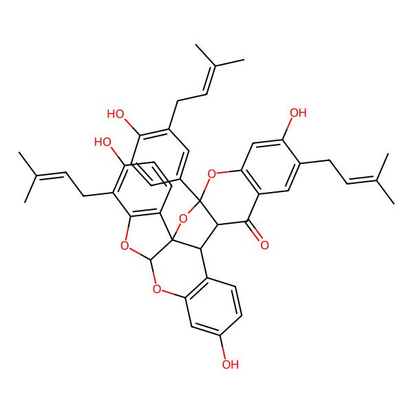 2D Structure of (1R,17S,18R,27S)-5,13,23-trihydroxy-27-[4-hydroxy-3-(3-methylbut-2-enyl)phenyl]-6,22-bis(3-methylbut-2-enyl)-8,10,26,28-tetraoxaheptacyclo[15.11.0.01,9.02,7.011,16.018,27.020,25]octacosa-2(7),3,5,11(16),12,14,20(25),21,23-nonaen-19-one