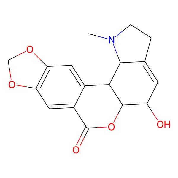 2D Structure of (2S,9S,10S)-9-hydroxy-4-methyl-11,16,18-trioxa-4-azapentacyclo[11.7.0.02,10.03,7.015,19]icosa-1(20),7,13,15(19)-tetraen-12-one