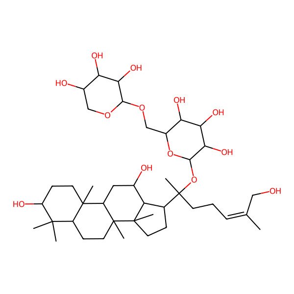 2D Structure of (2S,3R,4S,5S,6R)-2-[(E)-2-(3,12-dihydroxy-4,4,8,10,14-pentamethyl-2,3,5,6,7,9,11,12,13,15,16,17-dodecahydro-1H-cyclopenta[a]phenanthren-17-yl)-7-hydroxy-6-methylhept-5-en-2-yl]oxy-6-[[(2R,3R,4S,5R)-3,4,5-trihydroxyoxan-2-yl]oxymethyl]oxane-3,4,5-triol