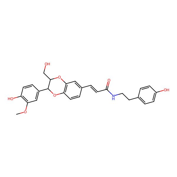2D Structure of (E)-3-((2,3-Trans)-2-(4-Hydroxy-3-Methoxyphenyl)-3-Hydroxymethyl-2,3-Dihydrobenzo(B)(1,4)Dioxin-6-Yl)-N-(4-Hydroxyphenethyl)Acrylamide
