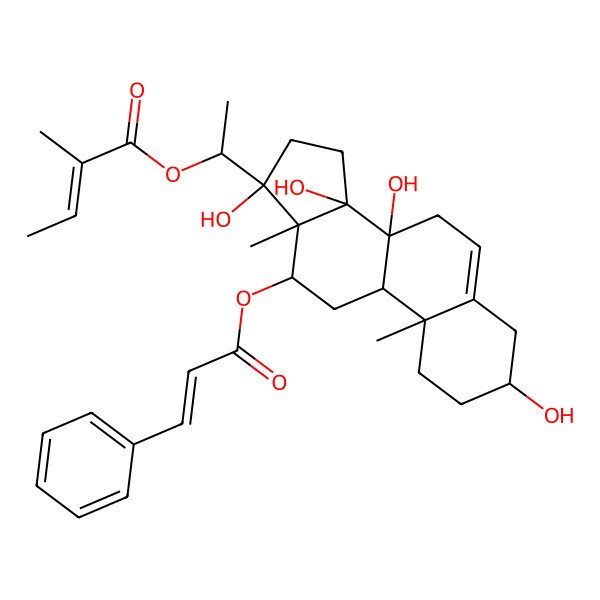 2D Structure of 1-[(3S,8S,10R,12R,13R,14R,17S)-3,8,14,17-tetrahydroxy-10,13-dimethyl-12-[(E)-3-phenylprop-2-enoyl]oxy-1,2,3,4,7,9,11,12,15,16-decahydrocyclopenta[a]phenanthren-17-yl]ethyl (E)-2-methylbut-2-enoate