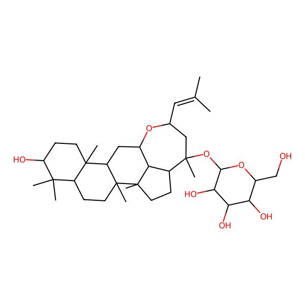 2D Structure of (2S,3R,4S,5S,6R)-2-[[(1R,2R,5R,7S,10R,11R,13R,15R,17S,18S,21R)-7-hydroxy-1,2,6,6,10,17-hexamethyl-15-(2-methylprop-1-enyl)-14-oxapentacyclo[11.7.1.02,11.05,10.018,21]henicosan-17-yl]oxy]-6-(hydroxymethyl)oxane-3,4,5-triol