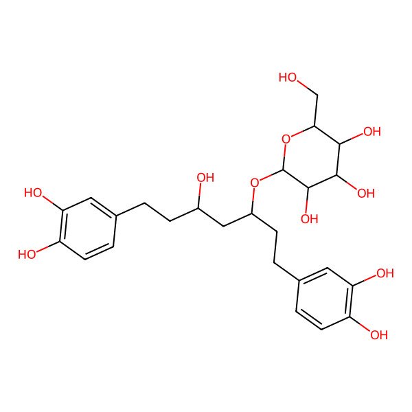 2D Structure of (2R,3R,4S,5S,6R)-2-[(3R,5R)-1,7-bis(3,4-dihydroxyphenyl)-5-hydroxyheptan-3-yl]oxy-6-(hydroxymethyl)oxane-3,4,5-triol