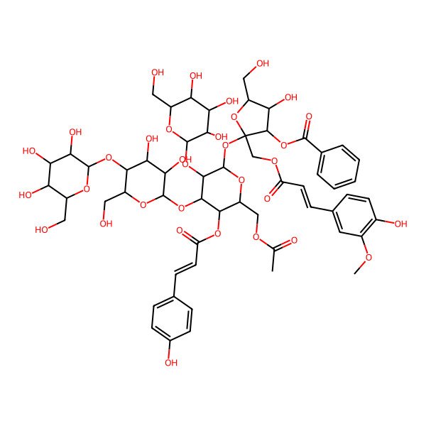 2D Structure of [(2S,3S,4R,5R)-2-[(2R,3R,4S,5R,6R)-6-(acetyloxymethyl)-4-[(2S,3R,4R,5S,6R)-3,4-dihydroxy-6-(hydroxymethyl)-5-[(2S,3R,4S,5S,6R)-3,4,5-trihydroxy-6-(hydroxymethyl)oxan-2-yl]oxyoxan-2-yl]oxy-5-[(E)-3-(4-hydroxyphenyl)prop-2-enoyl]oxy-3-[(2S,3R,4S,5S,6R)-3,4,5-trihydroxy-6-(hydroxymethyl)oxan-2-yl]oxyoxan-2-yl]oxy-4-hydroxy-2-[[(E)-3-(4-hydroxy-3-methoxyphenyl)prop-2-enoyl]oxymethyl]-5-(hydroxymethyl)oxolan-3-yl] benzoate