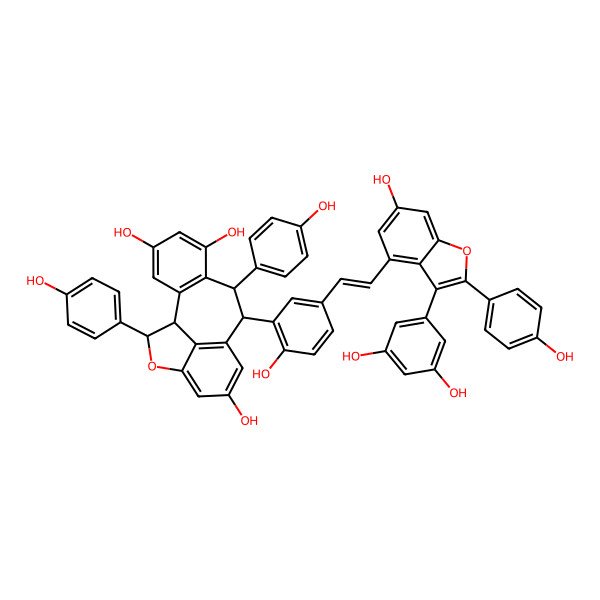 2D Structure of (1S,8S,9R,16S)-9-[5-[(E)-2-[3-(3,5-dihydroxyphenyl)-6-hydroxy-2-(4-hydroxyphenyl)-1-benzofuran-4-yl]ethenyl]-2-hydroxyphenyl]-8,16-bis(4-hydroxyphenyl)-15-oxatetracyclo[8.6.1.02,7.014,17]heptadeca-2(7),3,5,10(17),11,13-hexaene-4,6,12-triol
