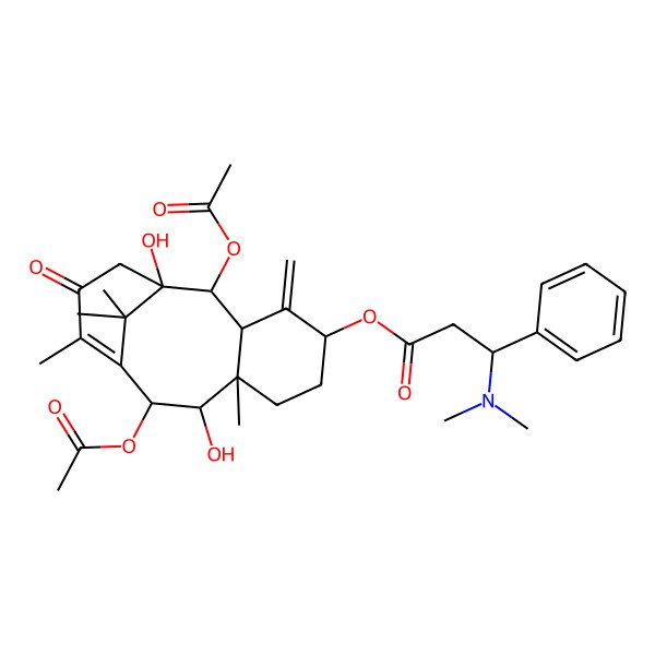 2D Structure of [(1S,2S,3R,5S,8R,9R,10R)-2,10-diacetyloxy-1,9-dihydroxy-8,12,15,15-tetramethyl-4-methylidene-13-oxo-5-tricyclo[9.3.1.03,8]pentadec-11-enyl] 3-(dimethylamino)-3-phenylpropanoate