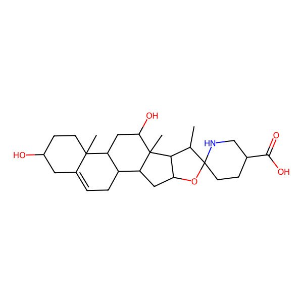 2D Structure of (1R,2S,3'R,4S,6R,7S,8R,9S,10R,12S,13R,16S)-10,16-dihydroxy-7,9,13-trimethylspiro[5-oxapentacyclo[10.8.0.02,9.04,8.013,18]icos-18-ene-6,6'-piperidine]-3'-carboxylic acid