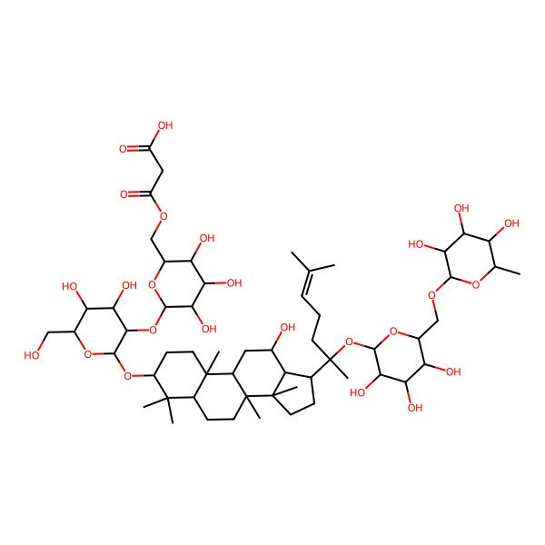 2D Structure of 3-[[(2R,3S,4S,5R,6S)-6-[(2R,3R,4S,5S,6R)-4,5-dihydroxy-6-(hydroxymethyl)-2-[[(3S,8R,10R)-12-hydroxy-4,4,8,10,14-pentamethyl-17-[6-methyl-2-[(2S,3R,4S,5S,6R)-3,4,5-trihydroxy-6-[[(2R,3R,4R,5S,6S)-3,4,5-trihydroxy-6-methyloxan-2-yl]oxymethyl]oxan-2-yl]oxyhept-5-en-2-yl]-2,3,5,6,7,9,11,12,13,15,16,17-dodecahydro-1H-cyclopenta[a]phenanthren-3-yl]oxy]oxan-3-yl]oxy-3,4,5-trihydroxyoxan-2-yl]methoxy]-3-oxopropanoic acid