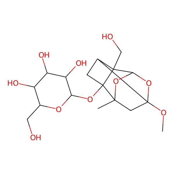 2D Structure of (2R,3S,4S,5R,6S)-2-(hydroxymethyl)-6-[[2-(hydroxymethyl)-6-methoxy-8-methyl-9,10-dioxatetracyclo[4.3.1.02,5.03,8]decan-3-yl]oxy]oxane-3,4,5-triol