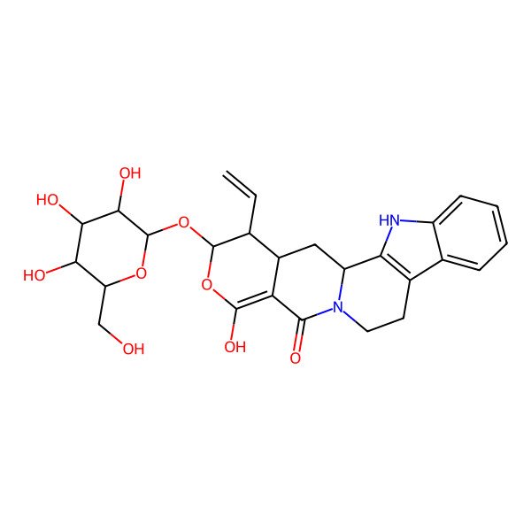 2D Structure of (1R,18R,19R,20S)-19-ethenyl-16-hydroxy-18-[(2S,3R,4S,5S,6R)-3,4,5-trihydroxy-6-(hydroxymethyl)oxan-2-yl]oxy-17-oxa-3,13-diazapentacyclo[11.8.0.02,10.04,9.015,20]henicosa-2(10),4,6,8,15-pentaen-14-one