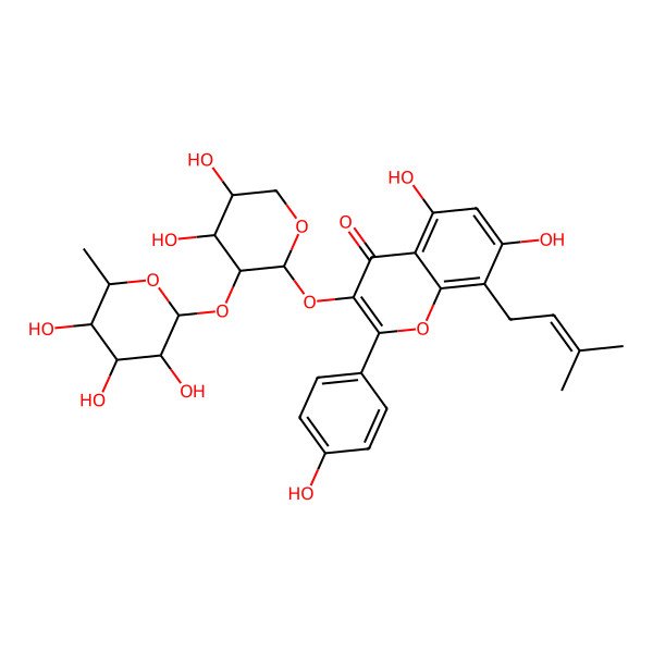 2D Structure of 3-[(2S,3R,4S,5R)-4,5-dihydroxy-3-[(2S,3R,4R,5R,6S)-3,4,5-trihydroxy-6-methyloxan-2-yl]oxyoxan-2-yl]oxy-5,7-dihydroxy-2-(4-hydroxyphenyl)-8-(3-methylbut-2-enyl)chromen-4-one