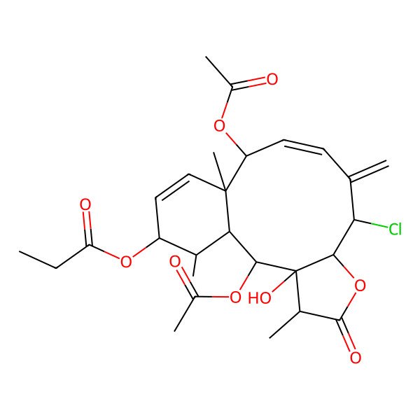 2D Structure of [(1S,2S,3R,4R,7R,8S,10Z,12S,13S,16R,17R)-2,12-diacetyloxy-8-chloro-3-hydroxy-4,13,17-trimethyl-9-methylidene-5-oxo-6-oxatricyclo[11.4.0.03,7]heptadeca-10,14-dien-16-yl] propanoate