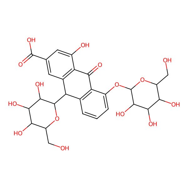 2D Structure of (9R)-4-hydroxy-10-oxo-9-[(3R,4R,5S,6R)-3,4,5-trihydroxy-6-(hydroxymethyl)oxan-2-yl]-5-[(2S,3R,4S,5S,6R)-3,4,5-trihydroxy-6-(hydroxymethyl)oxan-2-yl]oxy-9H-anthracene-2-carboxylic acid