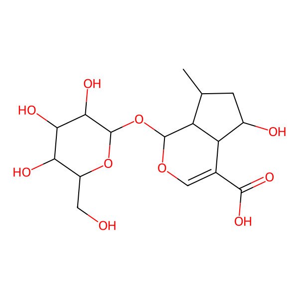 2D Structure of (1S)-1-(beta-D-Glucopyranosyloxy)-1,4aalpha,5,6,7,7aalpha-hexahydro-5alpha-hydroxy-7alpha-methylcyclopenta[c]pyran-4-carboxylic acid