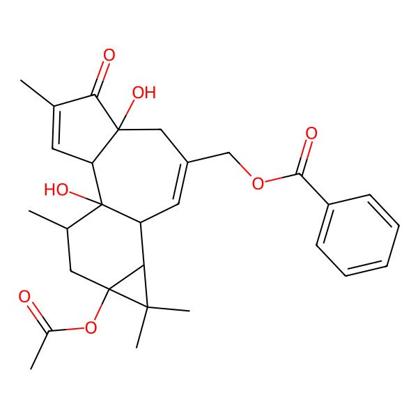 2D Structure of [(1R,2S,6R,10S,11R,13S,15R)-13-acetyloxy-1,6-dihydroxy-4,12,12,15-tetramethyl-5-oxo-8-tetracyclo[8.5.0.02,6.011,13]pentadeca-3,8-dienyl]methyl benzoate