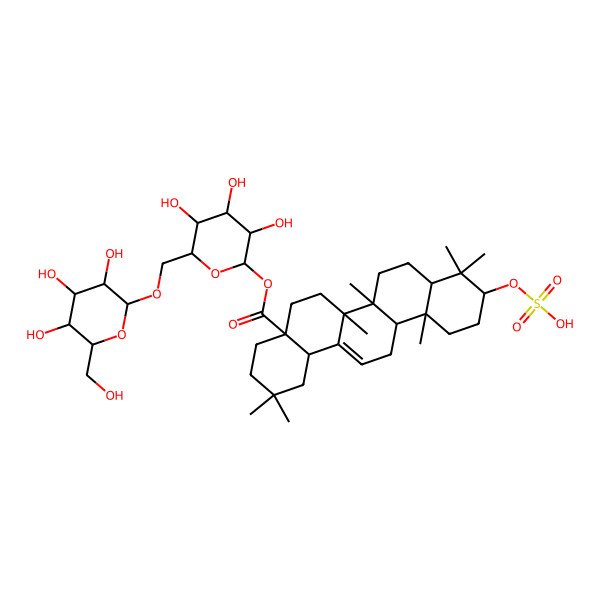2D Structure of [(2S,3R,4S,5S,6R)-3,4,5-trihydroxy-6-[[(2R,3R,4S,5S,6R)-3,4,5-trihydroxy-6-(hydroxymethyl)oxan-2-yl]oxymethyl]oxan-2-yl] (4aS,6aR,6aS,6bR,8aR,10S,12aR,14bS)-2,2,6a,6b,9,9,12a-heptamethyl-10-sulfooxy-1,3,4,5,6,6a,7,8,8a,10,11,12,13,14b-tetradecahydropicene-4a-carboxylate