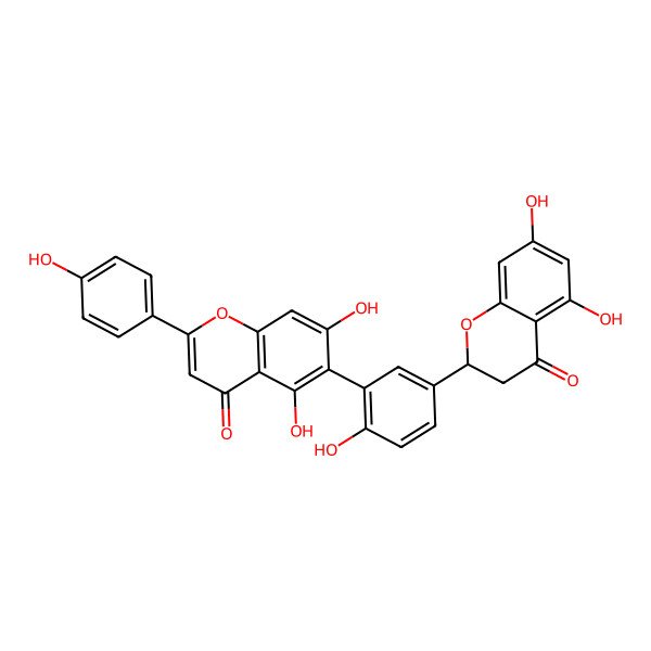 2D Structure of 2-(4-Hydroxyphenyl)-5,7-dihydroxy-6-[2-hydroxy-5-(4-oxo-5,7-dihydroxy-2,3-dihydro-4H-1-benzopyran-2-yl)phenyl]-4H-1-benzopyran-4-one