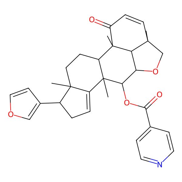 2D Structure of [(1R,2S,5S,6R,10R,11S,12R,15R,19S)-6-(furan-3-yl)-1,5,10,15-tetramethyl-18-oxo-13-oxapentacyclo[10.6.1.02,10.05,9.015,19]nonadeca-8,16-dien-11-yl] pyridine-4-carboxylate