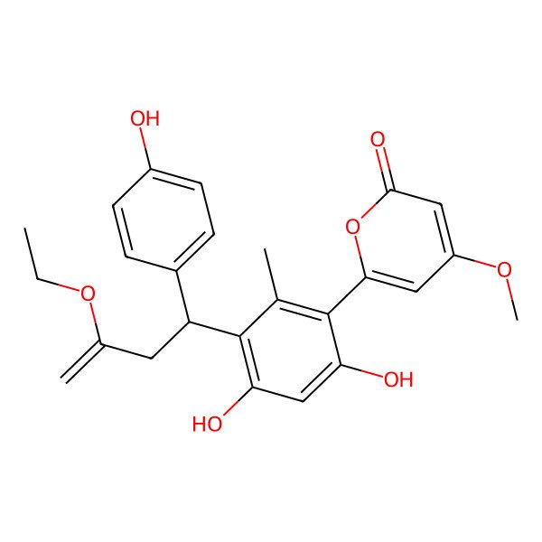 2D Structure of 6-[3-[(1R)-3-ethoxy-1-(4-hydroxyphenyl)but-3-enyl]-4,6-dihydroxy-2-methylphenyl]-4-methoxypyran-2-one