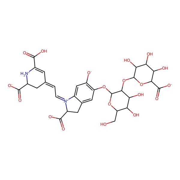 2D Structure of (2S)-1-[(2E)-2-[(2S)-6-carboxy-2-carboxylato-2,3-dihydro-1H-pyridin-1-ium-4-ylidene]ethylidene]-5-[(3R,4S,5S,6R)-3-[(3R,4S,5S,6S)-6-carboxylato-3,4,5-trihydroxyoxan-2-yl]oxy-4,5-dihydroxy-6-(hydroxymethyl)oxan-2-yl]oxy-6-oxido-2,3-dihydroindol-1-ium-2-carboxylate