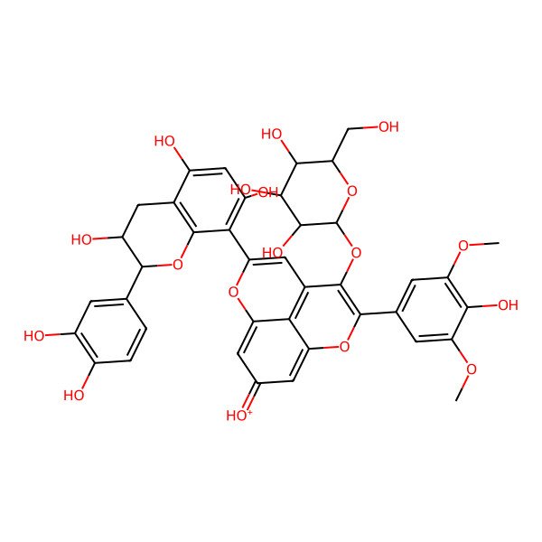 2D Structure of 5-[2alpha-(3,4-Dihydroxyphenyl)-3alpha,5,7-trihydroxychroman-8-yl]-2-(3,5-dimethoxy-4-hydroxyphenyl)-3-(beta-D-glucopyranosyloxy)-8-hydroxy-2-dehydro-2H-pyrano[4,3,2-de]-1-benzopyran-1-ium