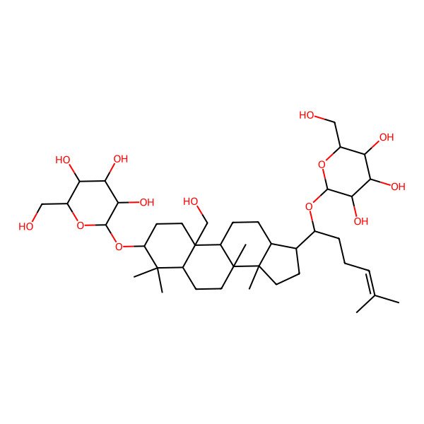 2D Structure of (2R,3S,4S,5R,6R)-2-(hydroxymethyl)-6-[[10-(hydroxymethyl)-4,4,8,14-tetramethyl-17-[5-methyl-1-[(2R,3R,4S,5S,6R)-3,4,5-trihydroxy-6-(hydroxymethyl)oxan-2-yl]oxyhex-4-enyl]-2,3,5,6,7,9,11,12,13,15,16,17-dodecahydro-1H-cyclopenta[a]phenanthren-3-yl]oxy]oxane-3,4,5-triol