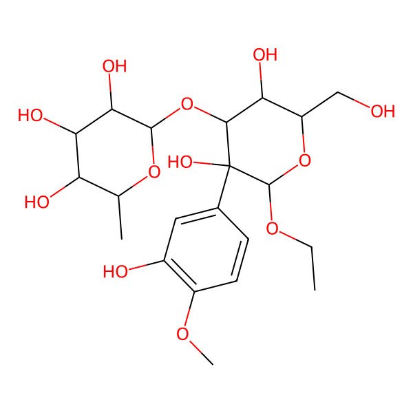 2D Structure of (2S,3R,4R,5R,6S)-2-[(2R,3R,4S,5R,6R)-2-ethoxy-3,5-dihydroxy-3-(3-hydroxy-4-methoxyphenyl)-6-(hydroxymethyl)oxan-4-yl]oxy-6-methyloxane-3,4,5-triol