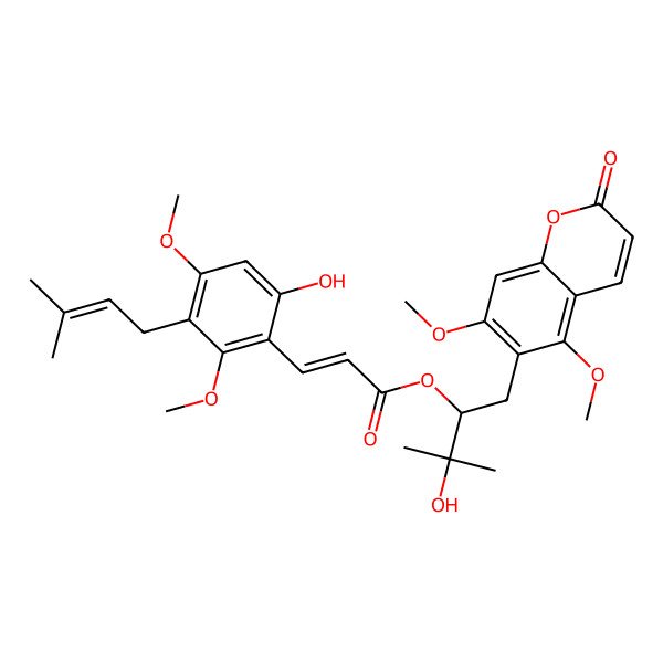 2D Structure of [(2S)-1-(5,7-dimethoxy-2-oxochromen-6-yl)-3-hydroxy-3-methylbutan-2-yl] (E)-3-[6-hydroxy-2,4-dimethoxy-3-(3-methylbut-2-enyl)phenyl]prop-2-enoate