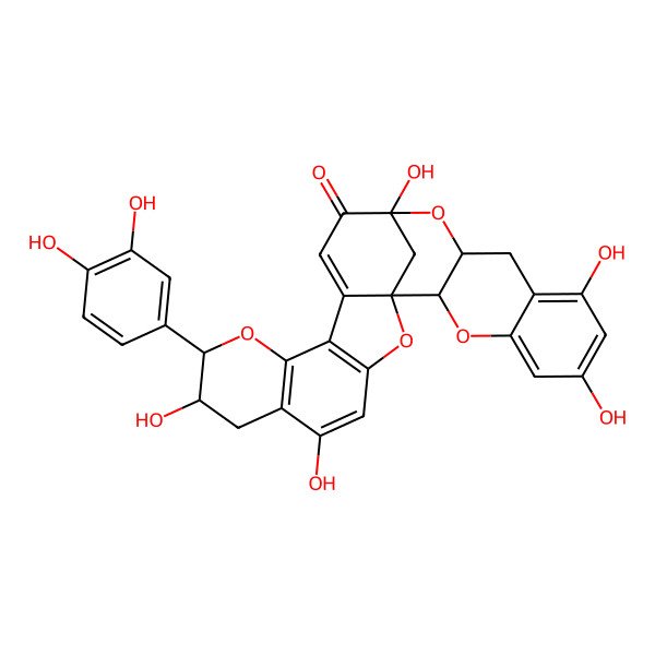 2D Structure of (1R,8S,9R,16R,18S,27S)-9-(3,4-dihydroxyphenyl)-5,8,16,21,23-pentahydroxy-2,10,17,26-tetraoxaheptacyclo[14.11.1.01,13.03,12.06,11.018,27.020,25]octacosa-3(12),4,6(11),13,20,22,24-heptaen-15-one